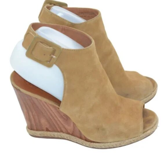 Tory Burch Tan Suede Leather Open Peep Toe Wood Wedge Slingback Heels Sandals 8 - Picture 6 of 14